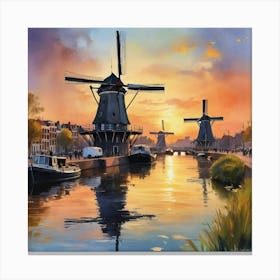 Sketching Amsterdam S Windmills At Sunset, Capturing The Essence Of Dutch Life Style Windmill Sunset Impressionism Art Print 1 Canvas Print