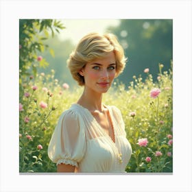 Princess Diana In A Tranquil Watercolor Garden With Shimmering Dew 1 Canvas Print