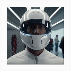 Create A Cinematic Apple Commercial Showcasing The Futuristic And Technologically Advanced World Of The Man In The Hightech Helmet, Highlighting The Cuttingedge Innovations And Sleek Design Of The Helmet And (2) Canvas Print
