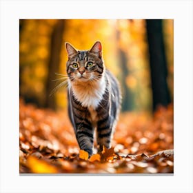 Cat Walking In Autumn Leaves Canvas Print