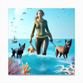 Woman And Her Dogs In The Ocean Canvas Print