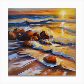The sea. Beach waves. Beach sand and rocks. Sunset over the sea. Oil on canvas artwork.33 Canvas Print