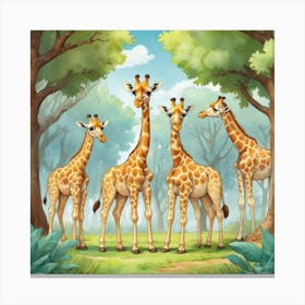 Cute Giraffe Herd Under The Trees Illustration 1 Art Print 1 Canvas Print