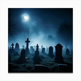 Cemetery Scene On A Halloween Night With Fog And Ghostly Silhouettes Against The Night Sky Haunted (1) Canvas Print