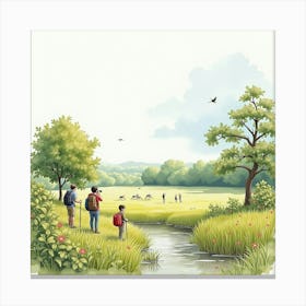 Watercolor View Of An English Nature Reserve With Birdwatchers And Hikers 1 Canvas Print