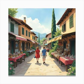 Wandering Through A Quaint Village Market, Watercolor With Artisan Stalls 1 Canvas Print