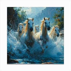 Water Horses Galloping Through A Wild Stream A Colossal Wave Rising Behind Them As Spray Cascades A Canvas Print