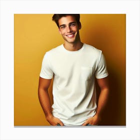 A handsome young man with dark hair and a bright smile is wearing a white t-shirt and jeans. He is standing with his hands in his pockets and is looking at the camera. The background is a bright yellow color. Canvas Print