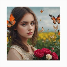 Beauty, butterflies and roses  Canvas Print