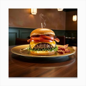 A Hot Mouth Watering Burger With Smoke Canvas Print