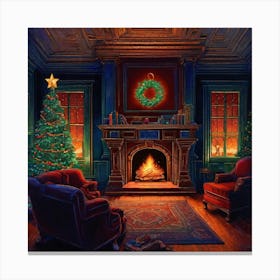 Christmas Presents Under Christmas Tree At Home Next To Fireplace Centered Symmetry Painted Intr (2) Canvas Print