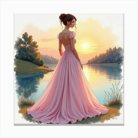 Gorgeous Dress Watercolor, With A Tranquil Lakeside Sunset 1 Canvas Print