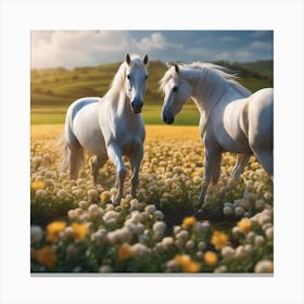 White Horses In A Field 2 Canvas Print