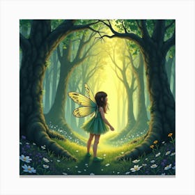 Beautiful Fairy In A Glowing Forest, Watercolor 1 Canvas Print