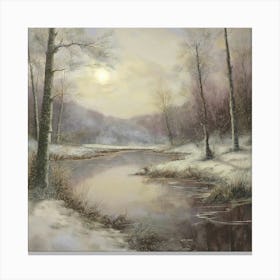 Ancient landscapes, old winter oil paintings and rocks around the lake bank. Snow is falling on the lake, old colors.8 Canvas Print