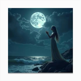 A Beautiful Siren Singing On A Rocky Shore Under A Full Moon 1 Canvas Print