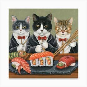Sassy Sushi Cats Culinary Cabaret Print Art Canvas Print