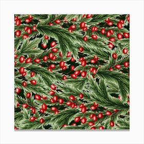 Fir Branches And Lingonberry Seamless Pattern on Green Canvas Print