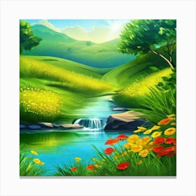 Landscape With Stream And Flowers Canvas Print