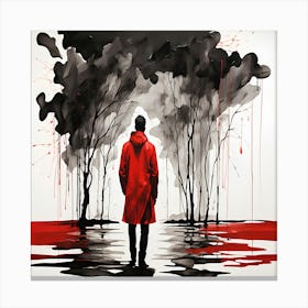 Red Coat Wanderer - Abstract Silhouette Wall Art for Modern Spaces Sumi E Canvas Print