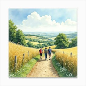 An English Countryside Trail With Hikers And Scenic Vistas, Painted In Watercolor 1 Canvas Print