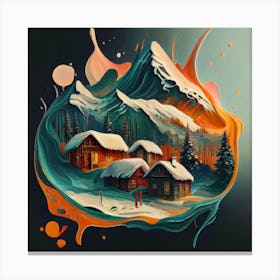Abstract painting of a mountain village with snow falling 10 Canvas Print