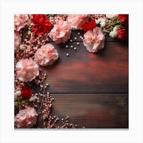 Pink Carnations On Wooden Background Canvas Print