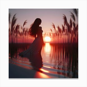 Sunset Woman Standing In Water Canvas Print