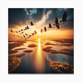 Geese Flying Over Water Canvas Print