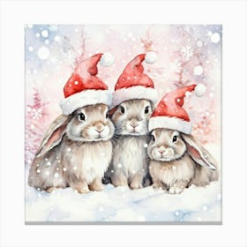 Pastel Pink Watercolor Rabbits Donning Santa Hats Cuddling With A Soft Watercolor Background Of Sno Canvas Print