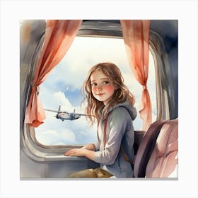 Girl Looking Out Of Airplane Window Canvas Print