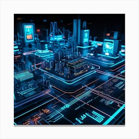 Cutting Edge Industrial Management And Automation System Interface Neon Glowing Lines On A Dark Bac Canvas Print