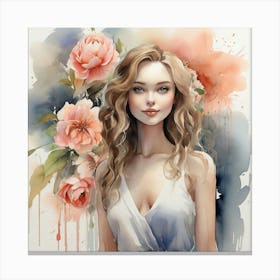 Watercolor Girl With Flowers Canvas Print