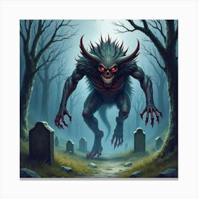 Horror Beast In Forgotten Graveyard, Watercolor, Haunting Hues 1 Canvas Print