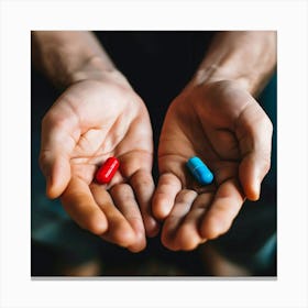 Hands Holding red and blue Pill 1 Canvas Print