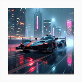 Sleek Formula Car Drifting On A Rain Soaked Futuristic Track Under Neon Skyscrapers 1 Canvas Print