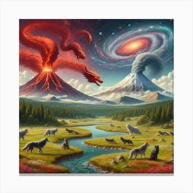 The battle of wolf and dragon volcano's Canvas Print