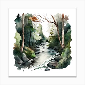 Watercolor River In The Forest Canvas Print