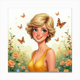 Princess Diana Smiling In A Watercolor Field With Butterflies And Flowers 1 Canvas Print