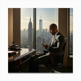 Businessman Clad In A Tailored Suit Texting On A Sleek Smartphone Seated At An Ornate Mahogany De Canvas Print