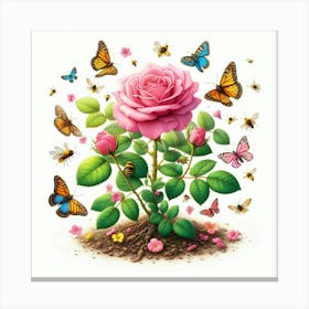 Pink Rose With Butterflies Canvas Print