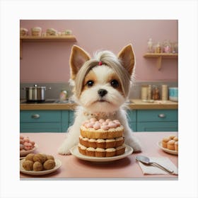 Dog With Cake in Kitchen Canvas Print