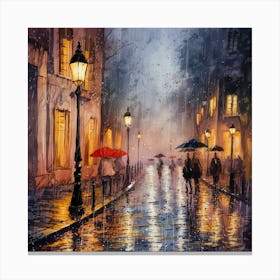 Twilight Rain Ethereal Watercolor Painting Of A Cobblestone Street At Night (3) Canvas Print