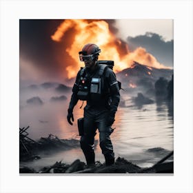 Soldier In Front Of A Fire Canvas Print