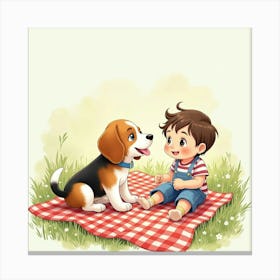 Friendly Beagle Puppy And A Child On A Watercolor Picnic Blanket 1 Canvas Print