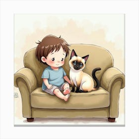 Watercolor Painting Of A Child And A Siamese Cat On A Cozy Sofa Canvas Print