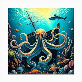 Octopus by Ship Wreck Canvas Print