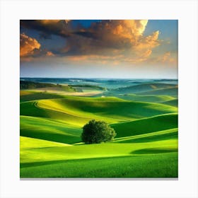 Green Hills With A Tree Canvas Print