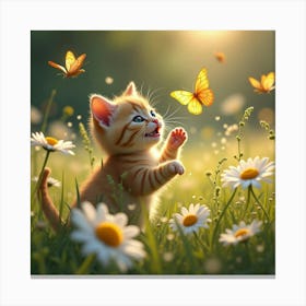 A Curious Kitten Playing With Glowing Butterflies In A Meadow Filled With Oversized Daisies Canvas Print