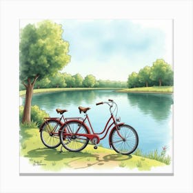 Classic Bicycle By A Tranquil Lake Watercolor Scene 1 Canvas Print